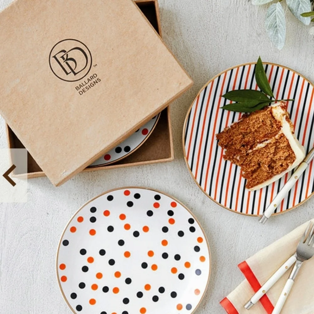 BALLARD DESIGNS 4 Accent Plates Orange & Black Scatter Dot & Multi-Stripe Design